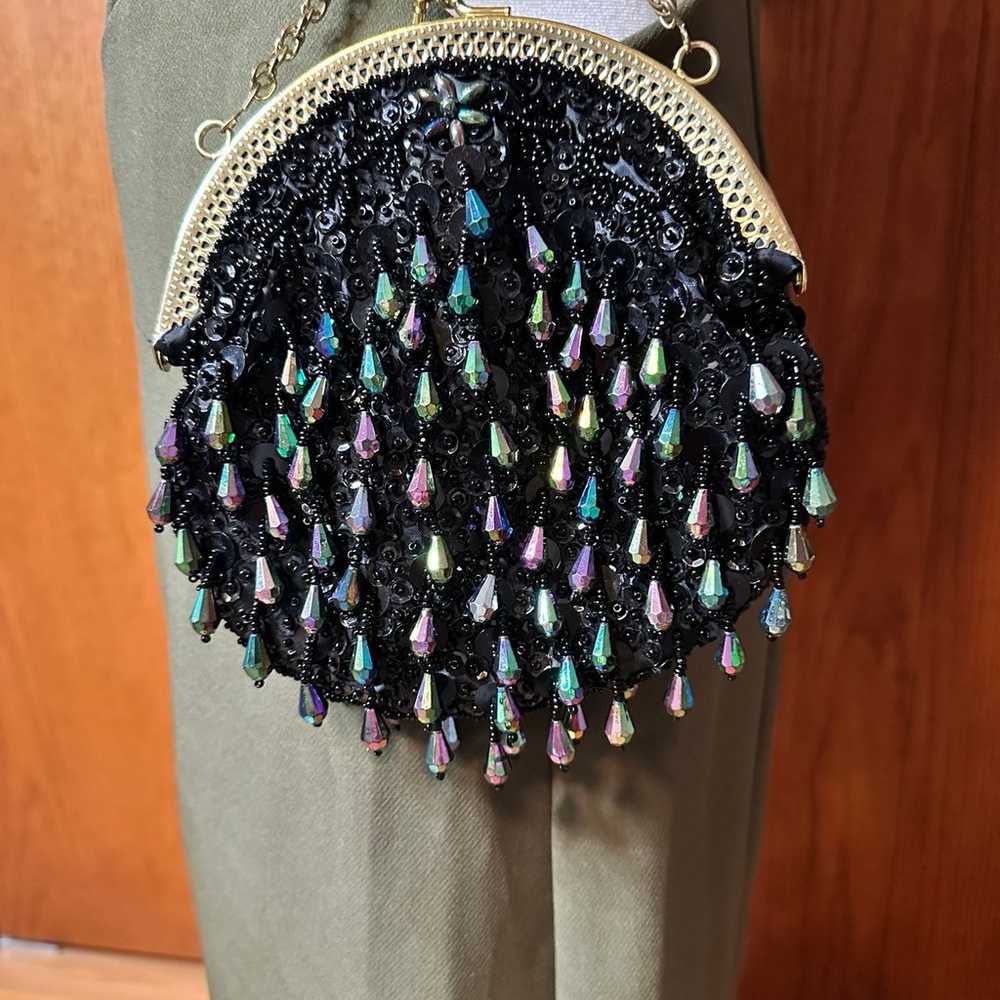 Vintage Black Dangle Bead And Sequins Iridescent … - image 2