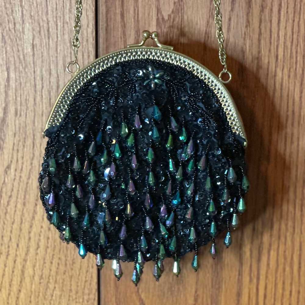 Vintage Black Dangle Bead And Sequins Iridescent … - image 3