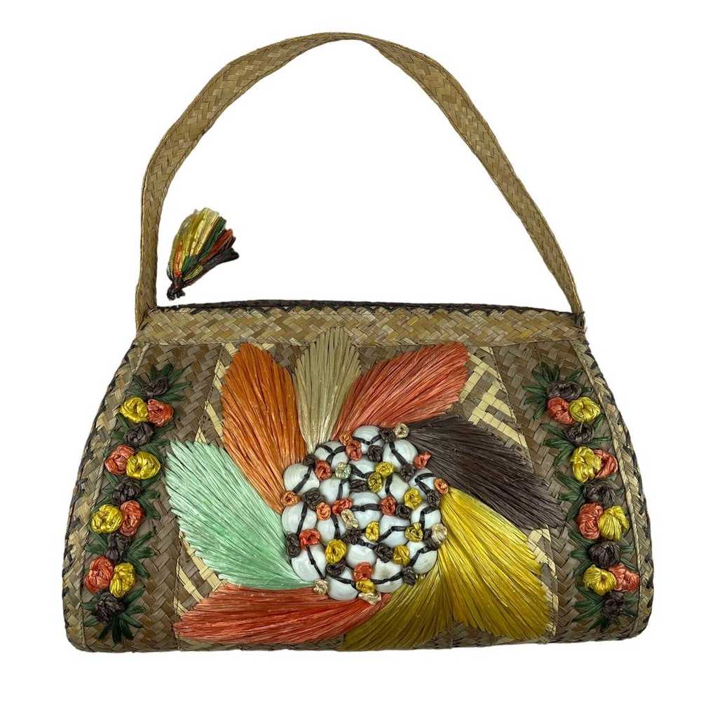 Vintage Floral Woven Straw Purse With Seashells - image 1