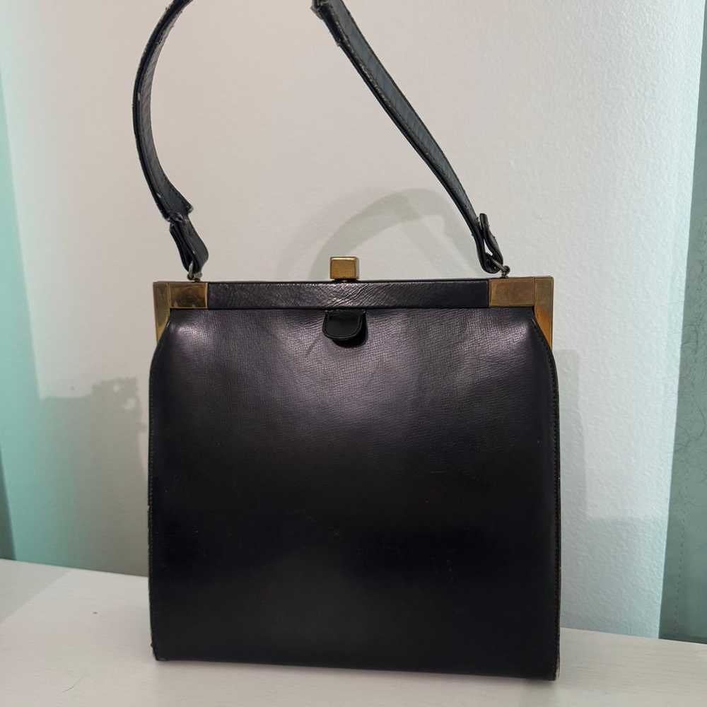 Vintage Black Leather Handbag with Gold Accents - image 1