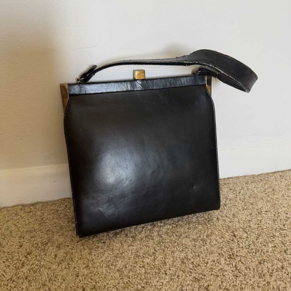 Vintage Black Leather Handbag with Gold Accents - image 8