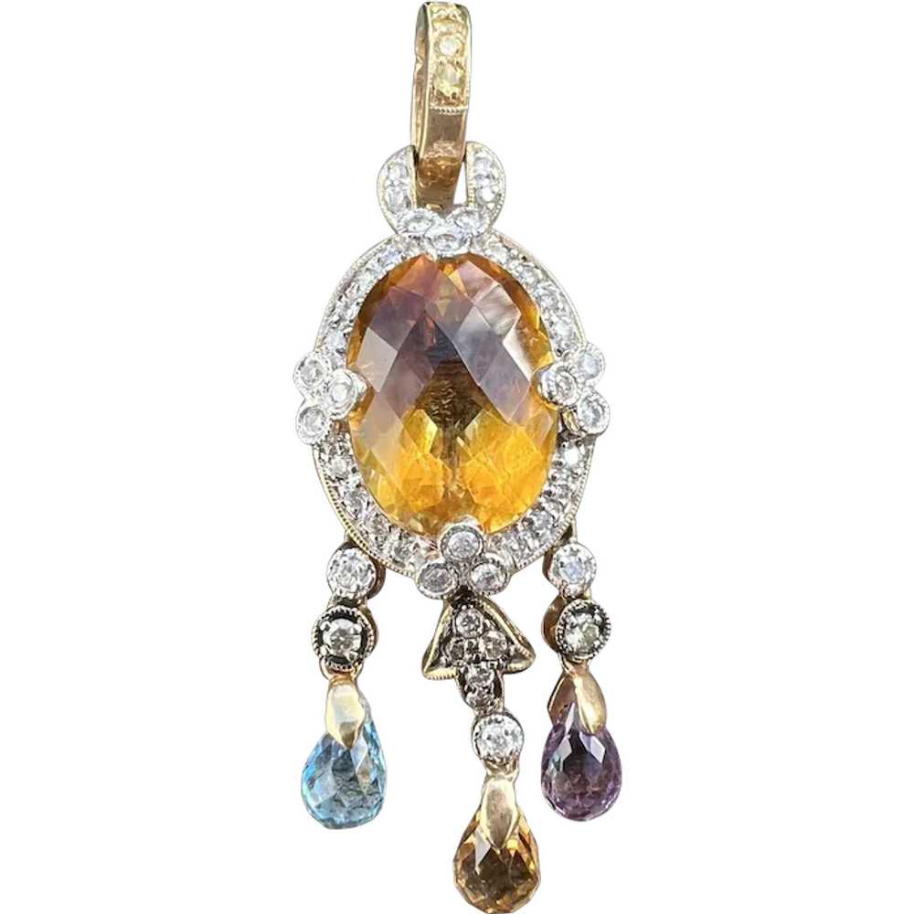 14K Yellow Gold Citrine and Diamond Pendant - image 1