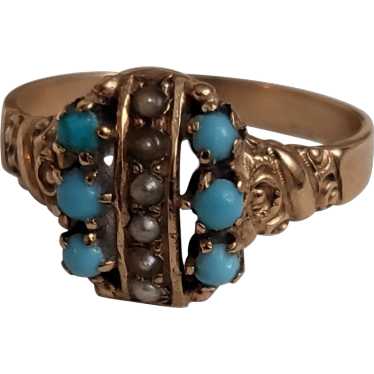 10K Gold Turquoise and Seed Pearl Antique Ring