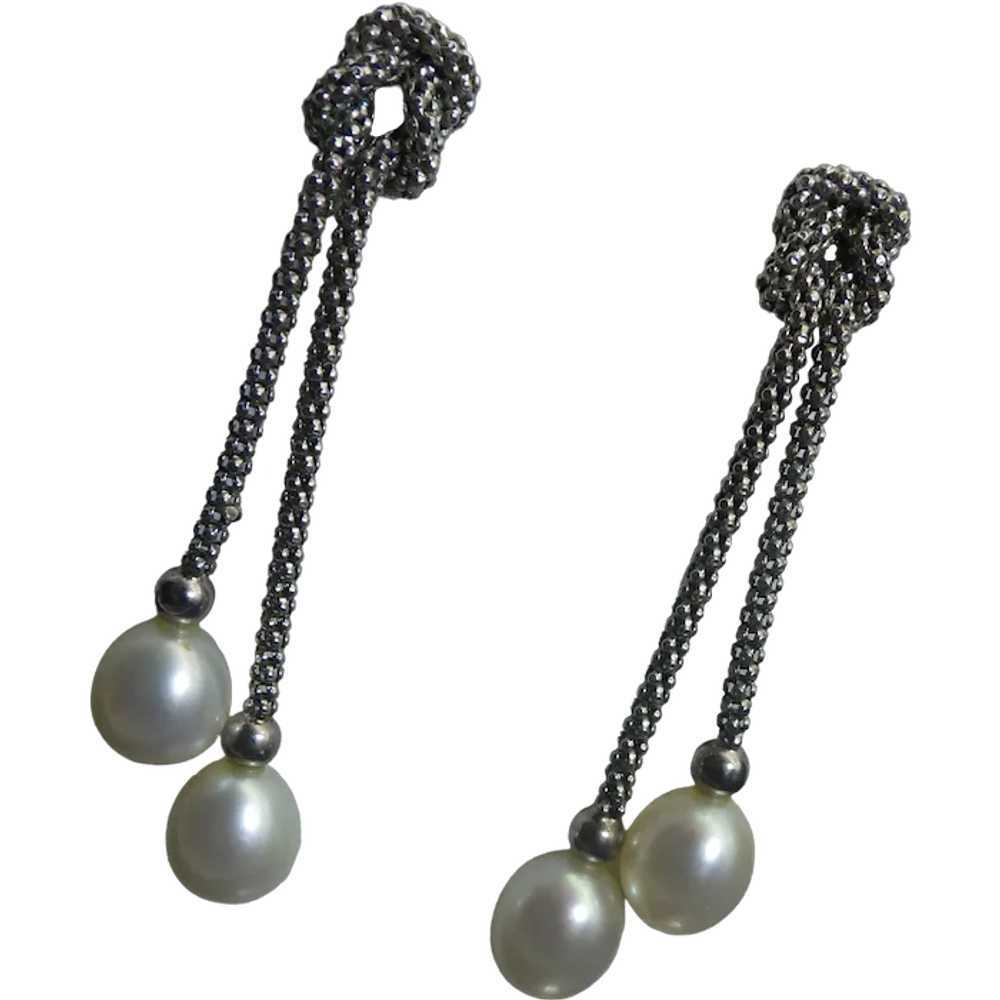 Woven Sterling Chain Drop Pearl Earrings, Pierced… - image 1