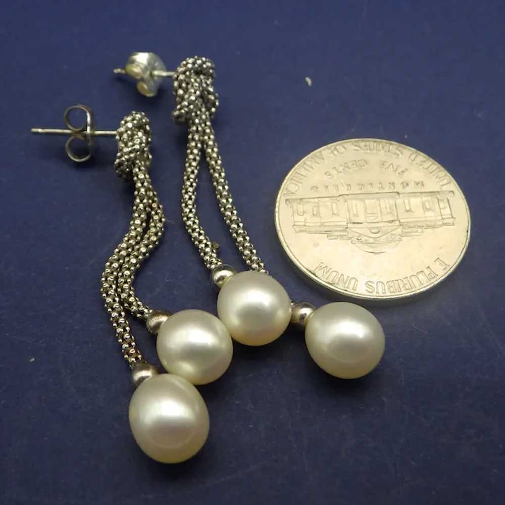 Woven Sterling Chain Drop Pearl Earrings, Pierced… - image 2