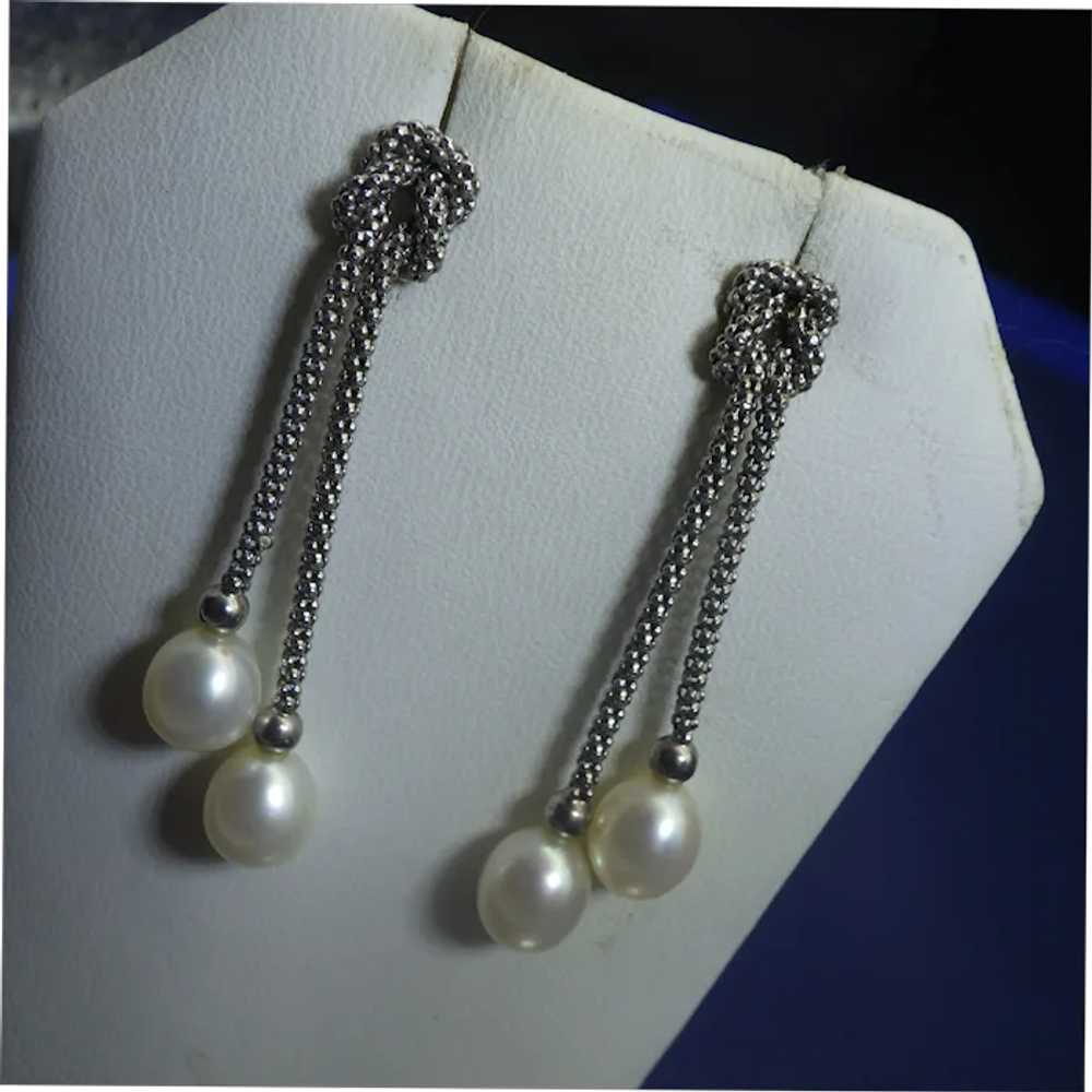 Woven Sterling Chain Drop Pearl Earrings, Pierced… - image 3