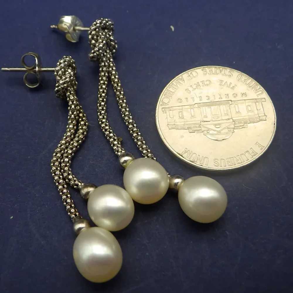 Woven Sterling Chain Drop Pearl Earrings, Pierced… - image 4