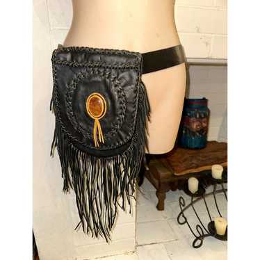 VINTAGE BOHO BLACK FRINGED WHIPSTITCHED LEATHER B… - image 1