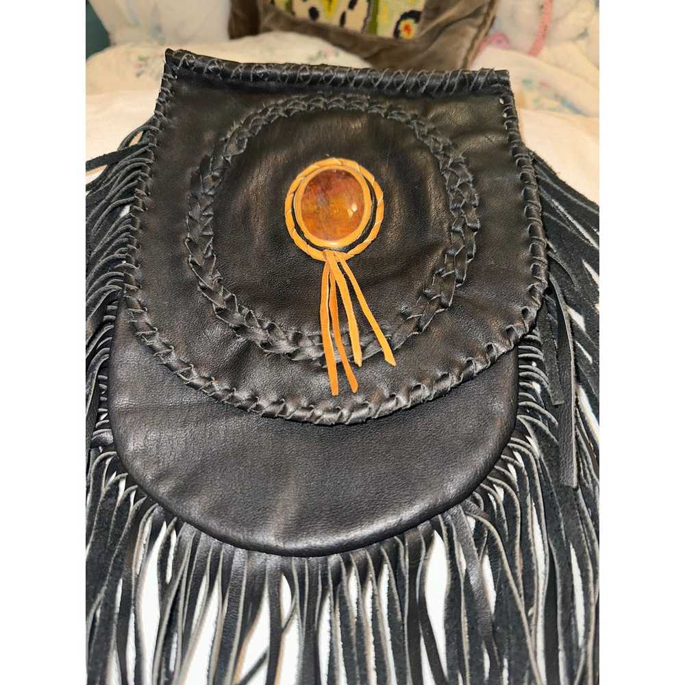 VINTAGE BOHO BLACK FRINGED WHIPSTITCHED LEATHER B… - image 2