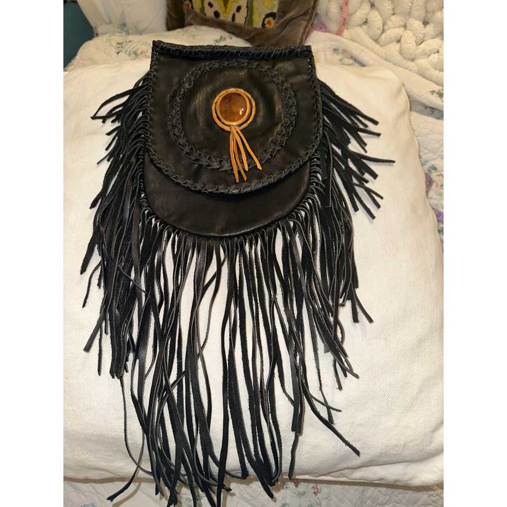 VINTAGE BOHO BLACK FRINGED WHIPSTITCHED LEATHER B… - image 3