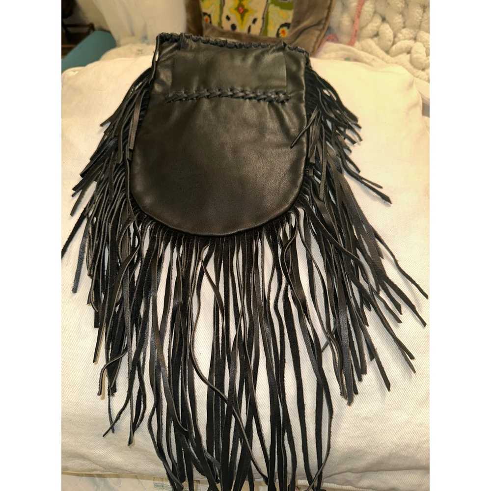 VINTAGE BOHO BLACK FRINGED WHIPSTITCHED LEATHER B… - image 4