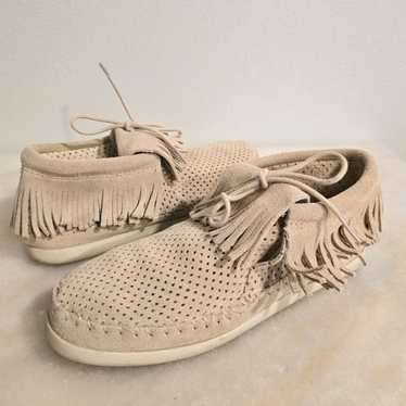 Minnetonka Women's Venice Perforated Biege Suede … - image 1