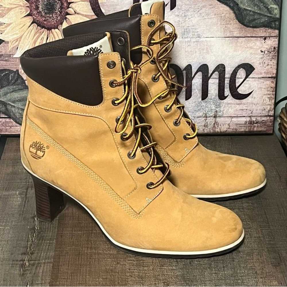 High Heeled Timberland Wheat Colored Boots size 9M - image 7