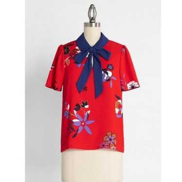 Modcloth First Impressions Red Floral Tie Neck Blo