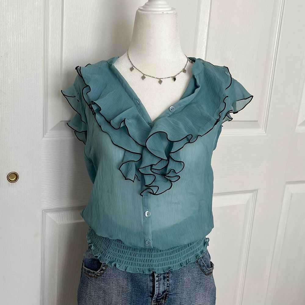 Teal sheer top with black detailing - image 3