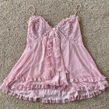 Vintage Princess Pink Lace Rose Sheer Lingerie Top - image 1