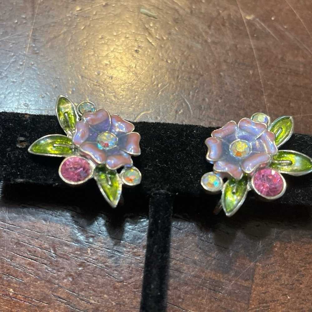 Vintage pretty pastel enamel and crystal flower e… - image 1