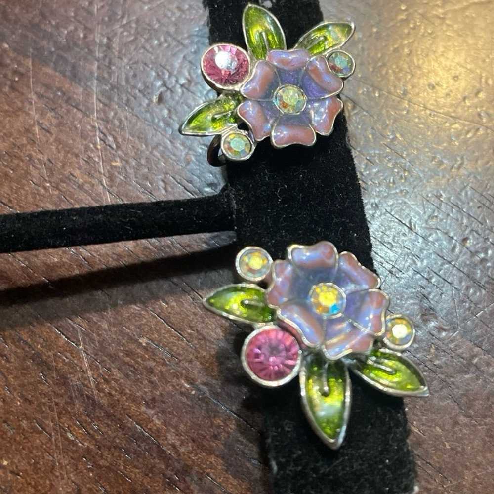 Vintage pretty pastel enamel and crystal flower e… - image 2