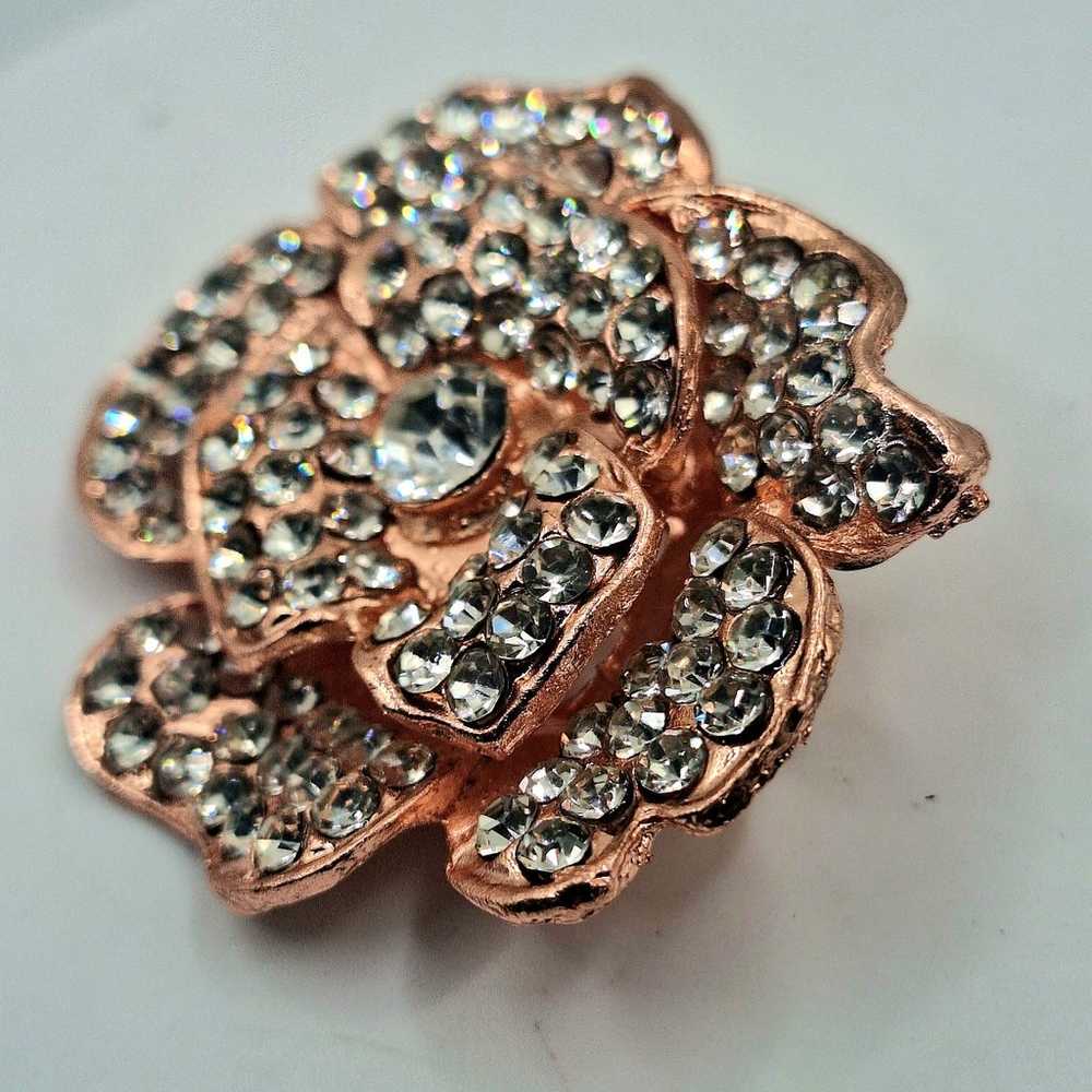 Rose Gold Tone Rhinestone Flower Brooch - image 1