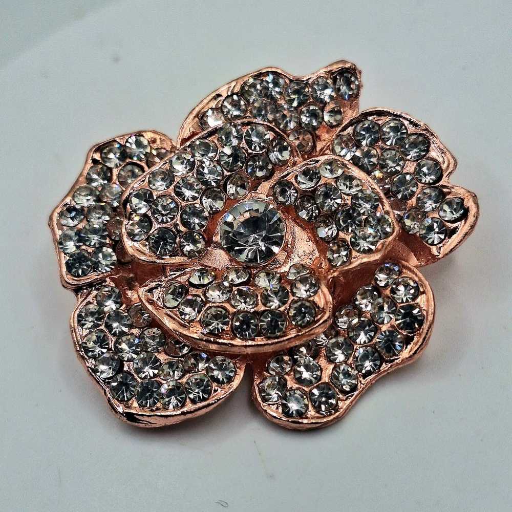 Rose Gold Tone Rhinestone Flower Brooch - image 2