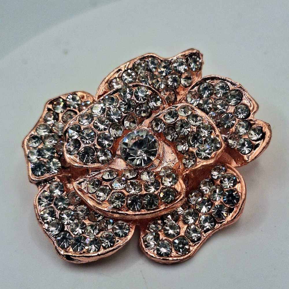 Rose Gold Tone Rhinestone Flower Brooch - image 3