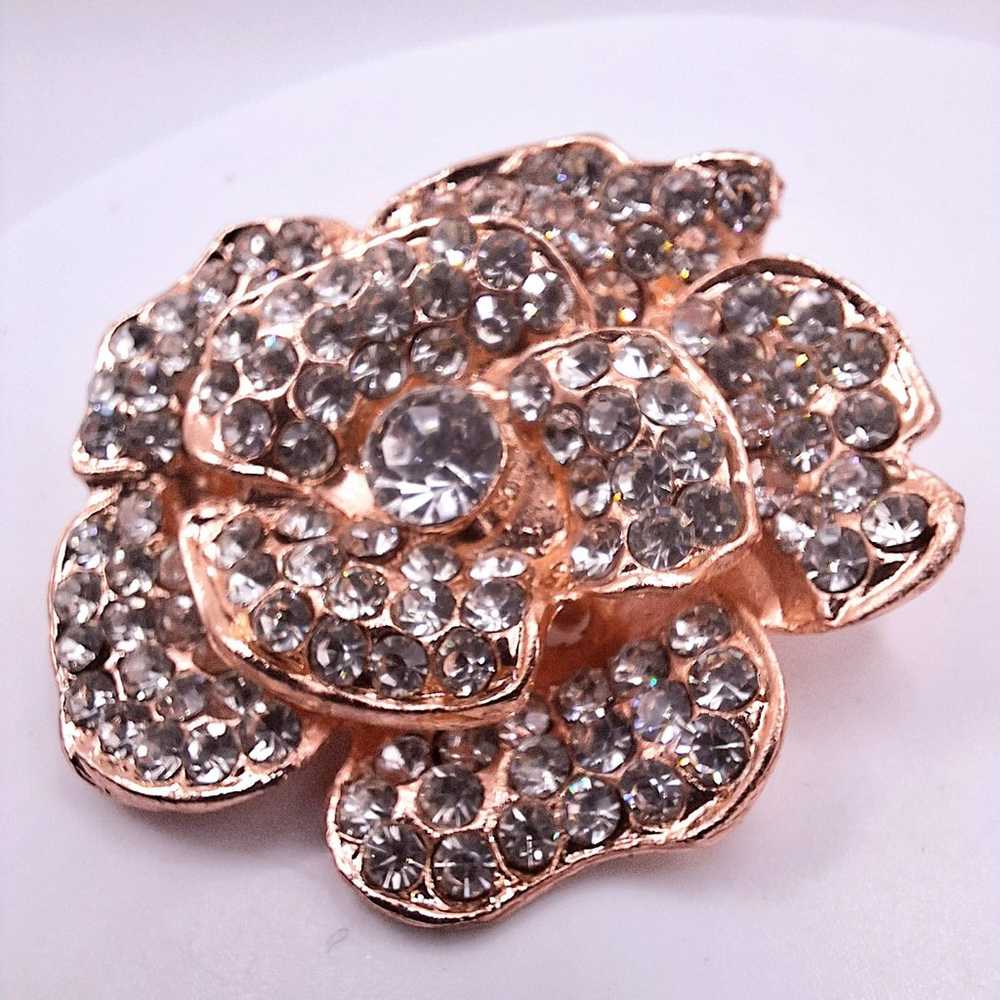 Rose Gold Tone Rhinestone Flower Brooch - image 5