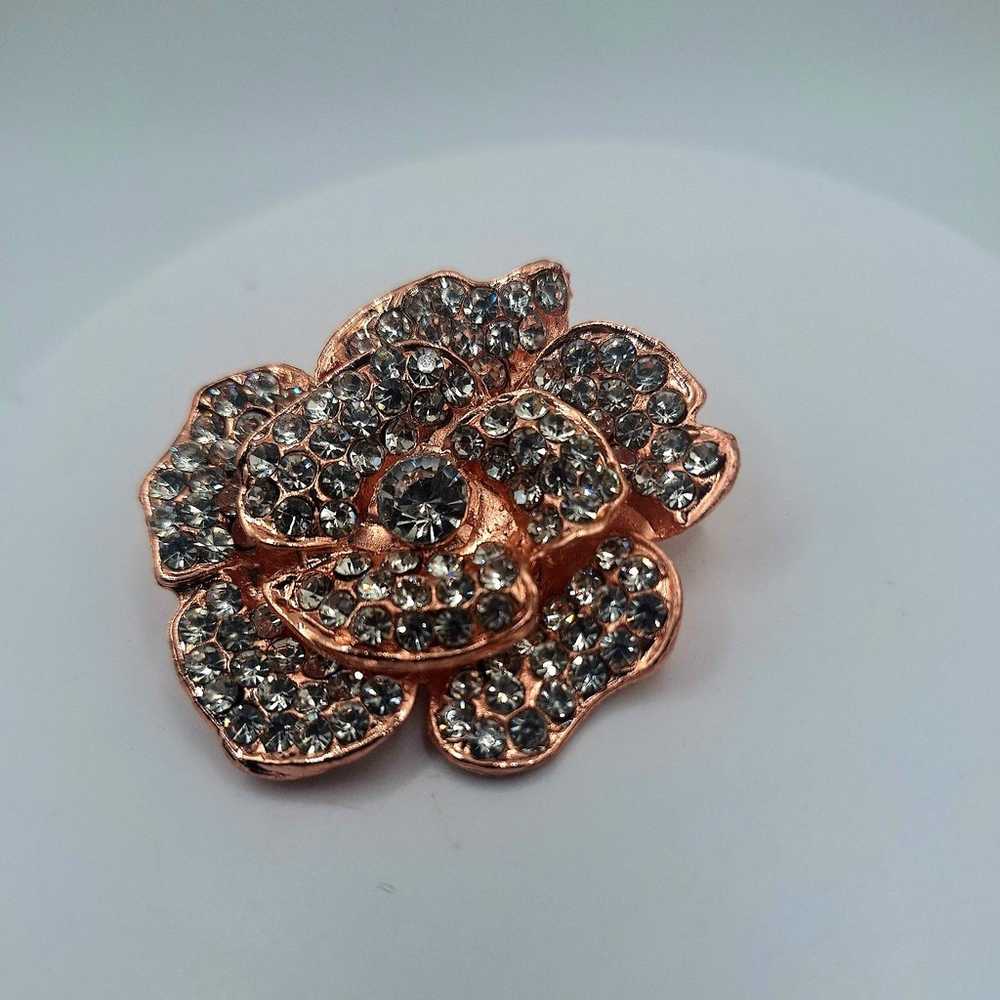 Rose Gold Tone Rhinestone Flower Brooch - image 6