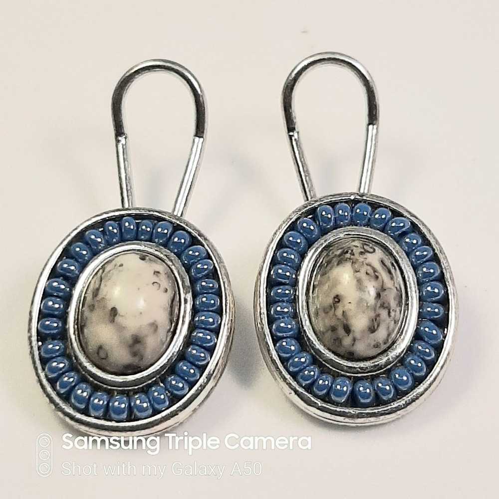 Oval blue bead & stone clip on earrings. - image 2