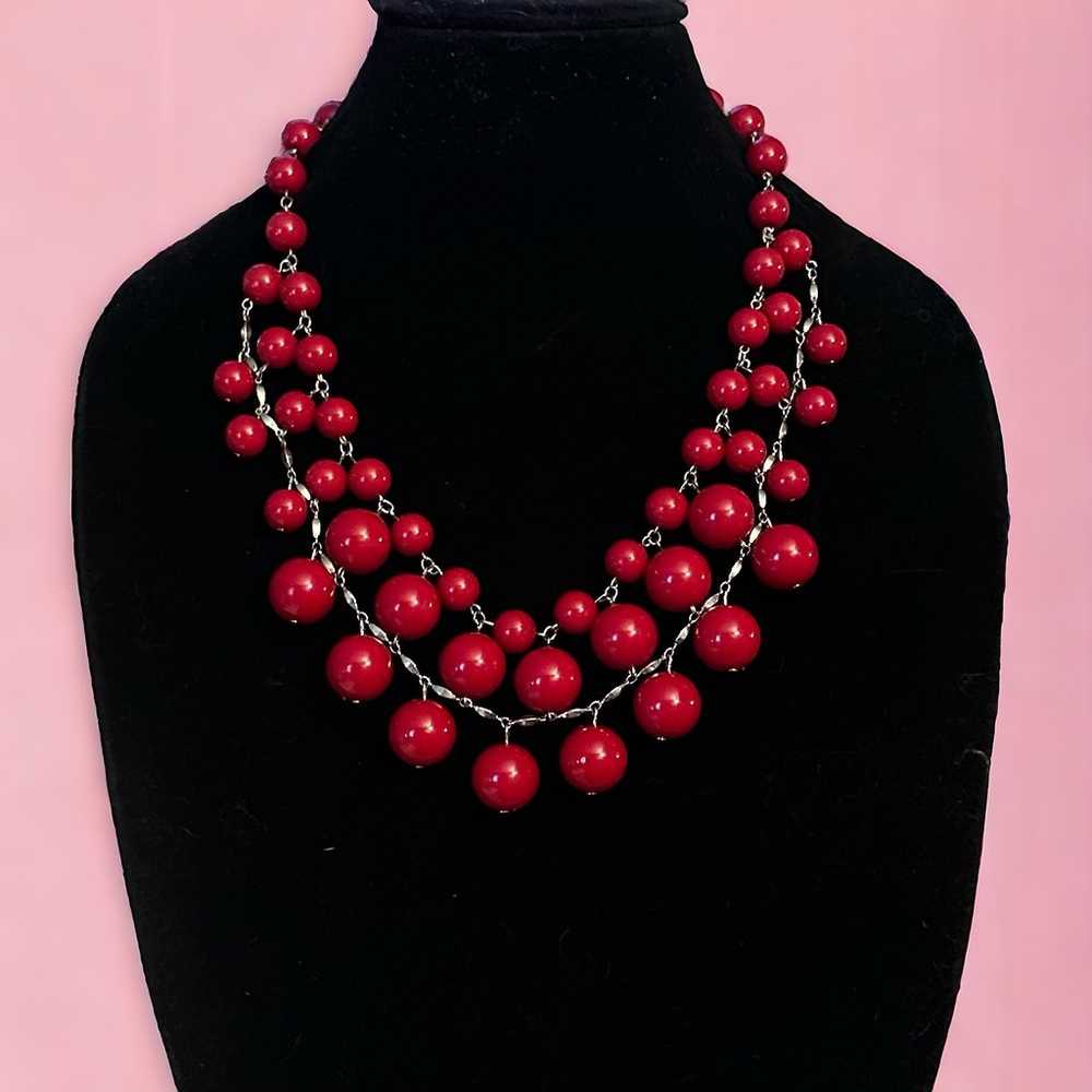 Cherry red layered statement bead necklace - image 1