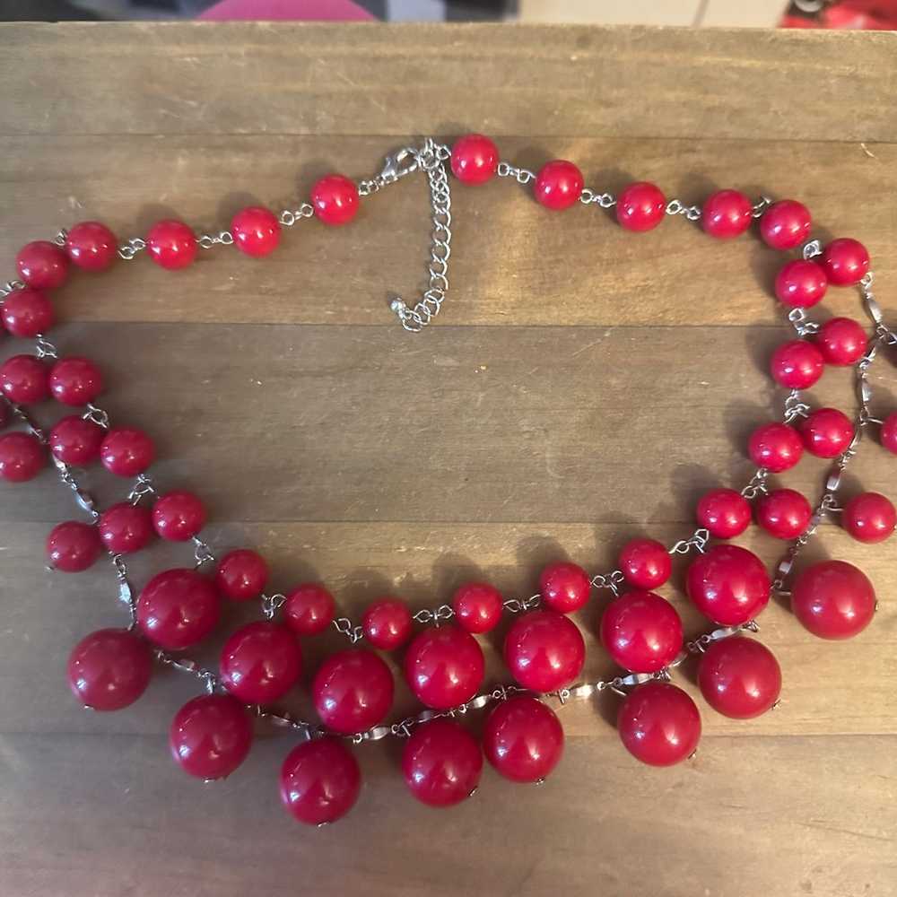 Cherry red layered statement bead necklace - image 2