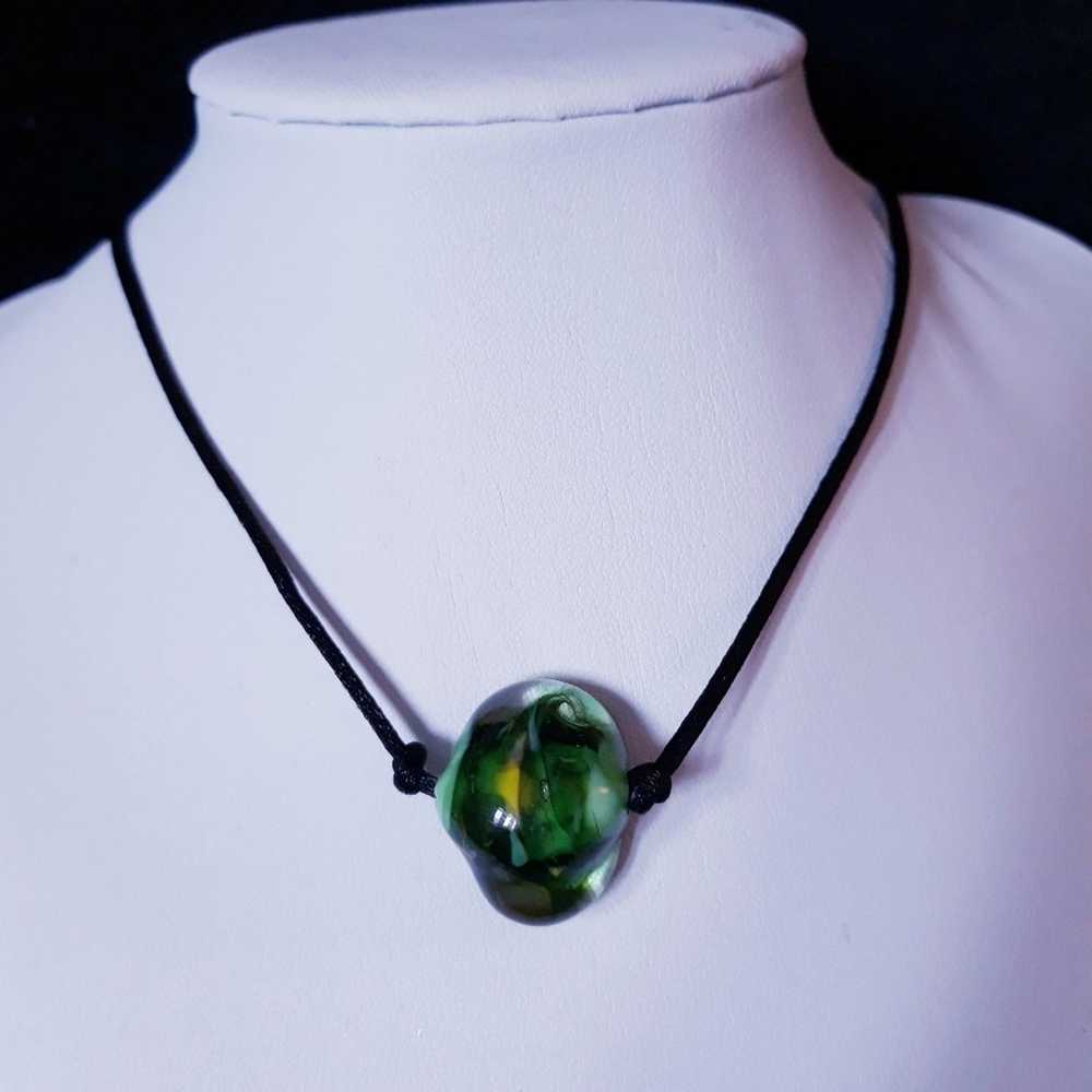 Hand Crafted Necklace Green Glass Bead Silk Cord - image 1