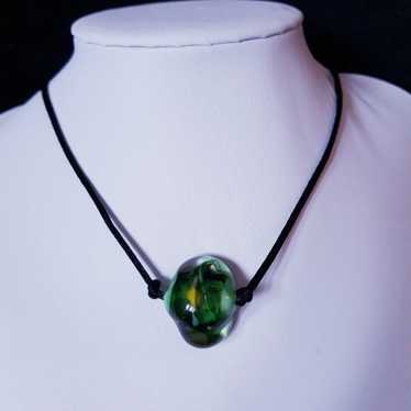 Hand Crafted Necklace Green Glass Bead Silk Cord - image 1