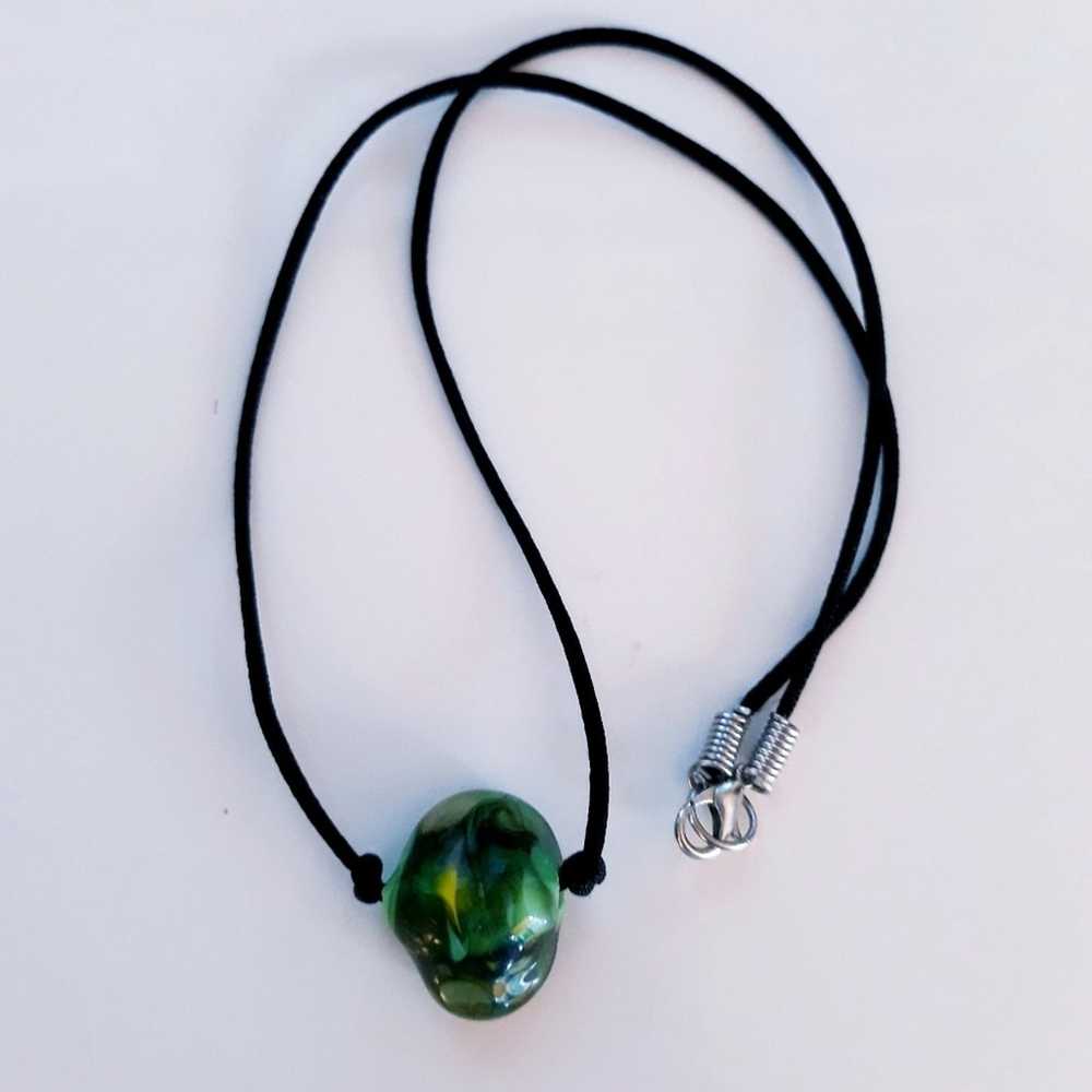 Hand Crafted Necklace Green Glass Bead Silk Cord - image 2