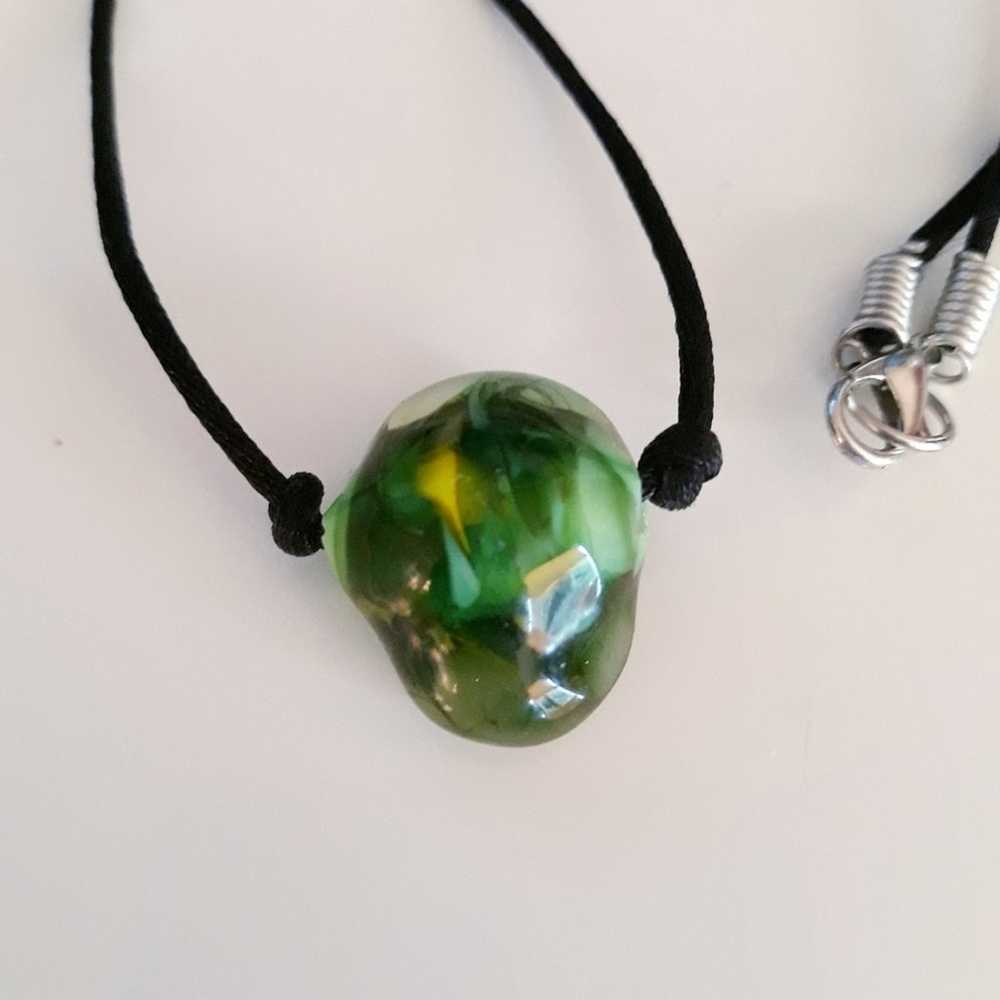 Hand Crafted Necklace Green Glass Bead Silk Cord - image 4