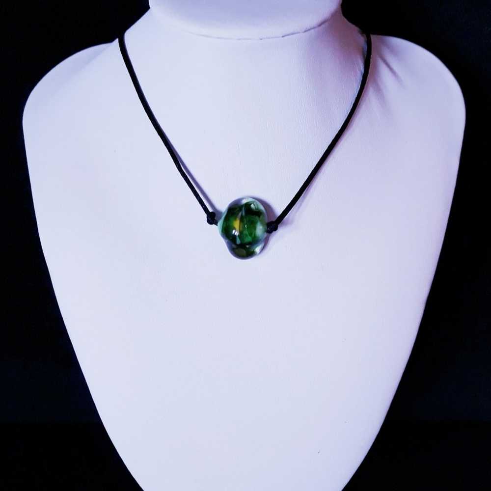 Hand Crafted Necklace Green Glass Bead Silk Cord - image 5