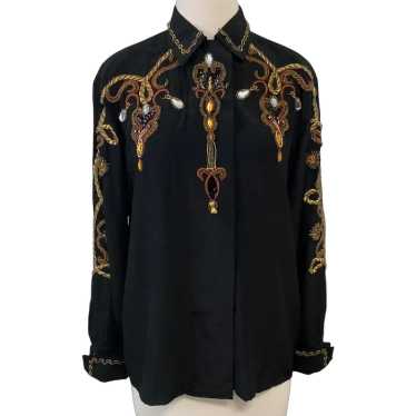 Exquisite Ornate Black Silk Charmeuse Blouse