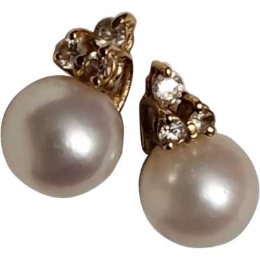 14K Gold 6mm Cultured Pearl and Diamond Earrings