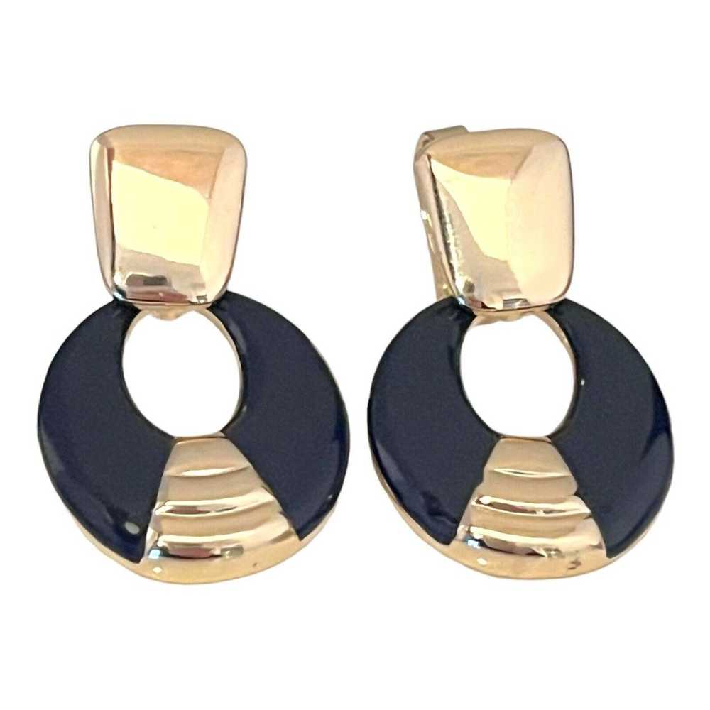 Vintage Designer Earrings Gold Tone Enamel Clip O… - image 2