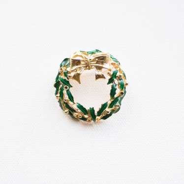 Vintage 80’s Gold & Green Christmas Wreath Brooch… - image 1