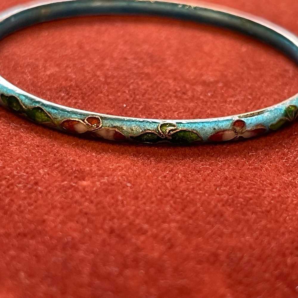 Light Blue Floral Cloisonne Enamel Bangle Bracelet - image 3