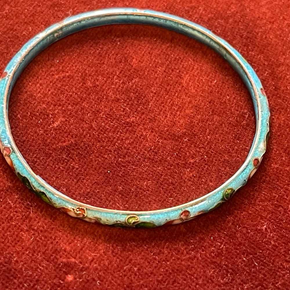 Light Blue Floral Cloisonne Enamel Bangle Bracelet - image 4