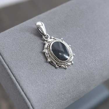 Vintage Sterling Silver Black Agate Pendant Oval … - image 1