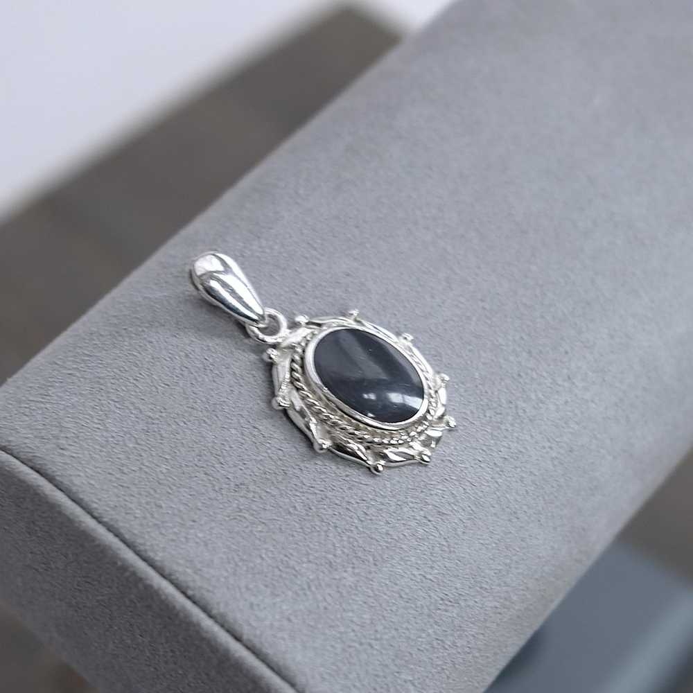 Vintage Sterling Silver Black Agate Pendant Oval … - image 2