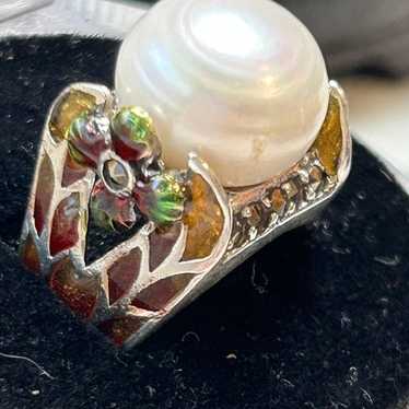 925 Sterling Pearl enamel size 6 3/4 ring - image 1