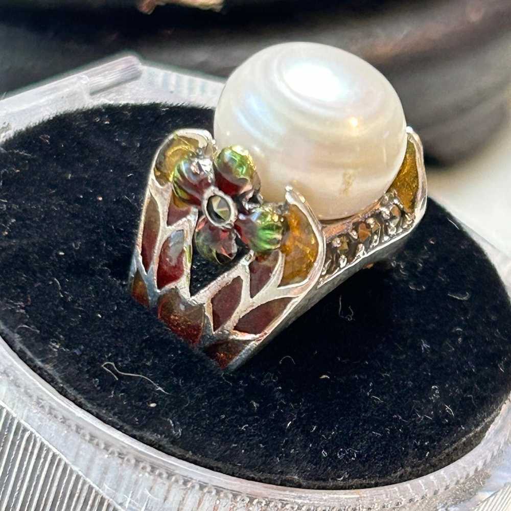 925 Sterling Pearl enamel size 6 3/4 ring - image 2