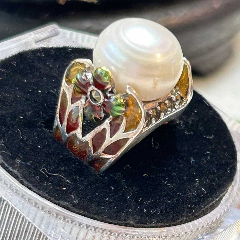 925 Sterling Pearl enamel size 6 3/4 ring - image 3