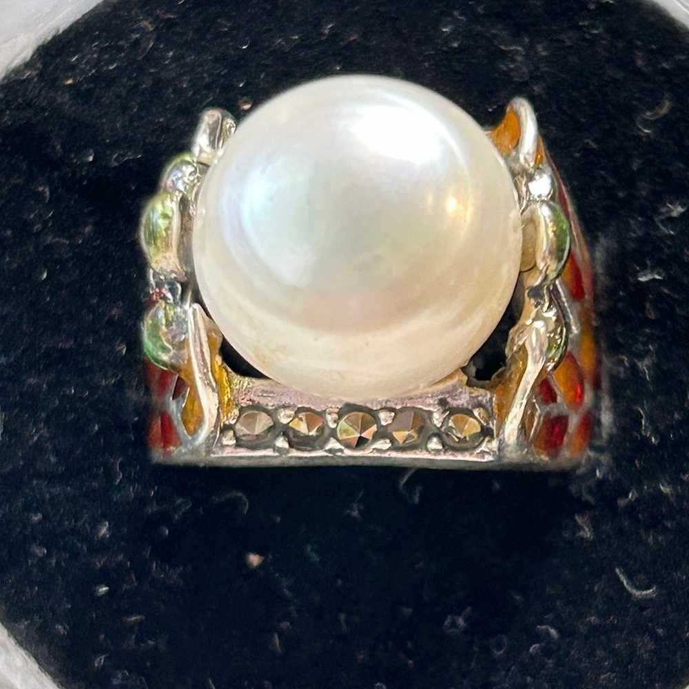 925 Sterling Pearl enamel size 6 3/4 ring - image 4