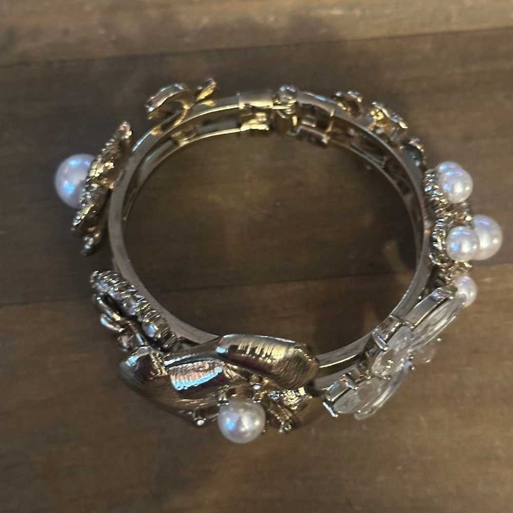 Vintage floral rhinestone and pearl hinged bracel… - image 2