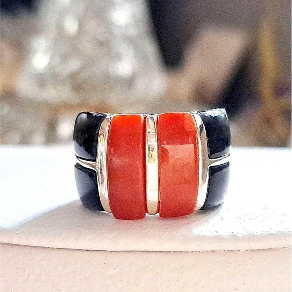 Vintage Segmented Red Coral & Black Onyx Sterling… - image 2