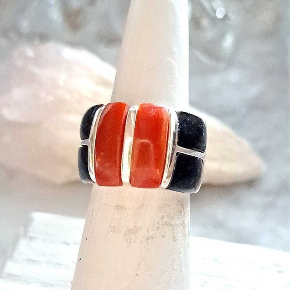 Vintage Segmented Red Coral & Black Onyx Sterling… - image 4